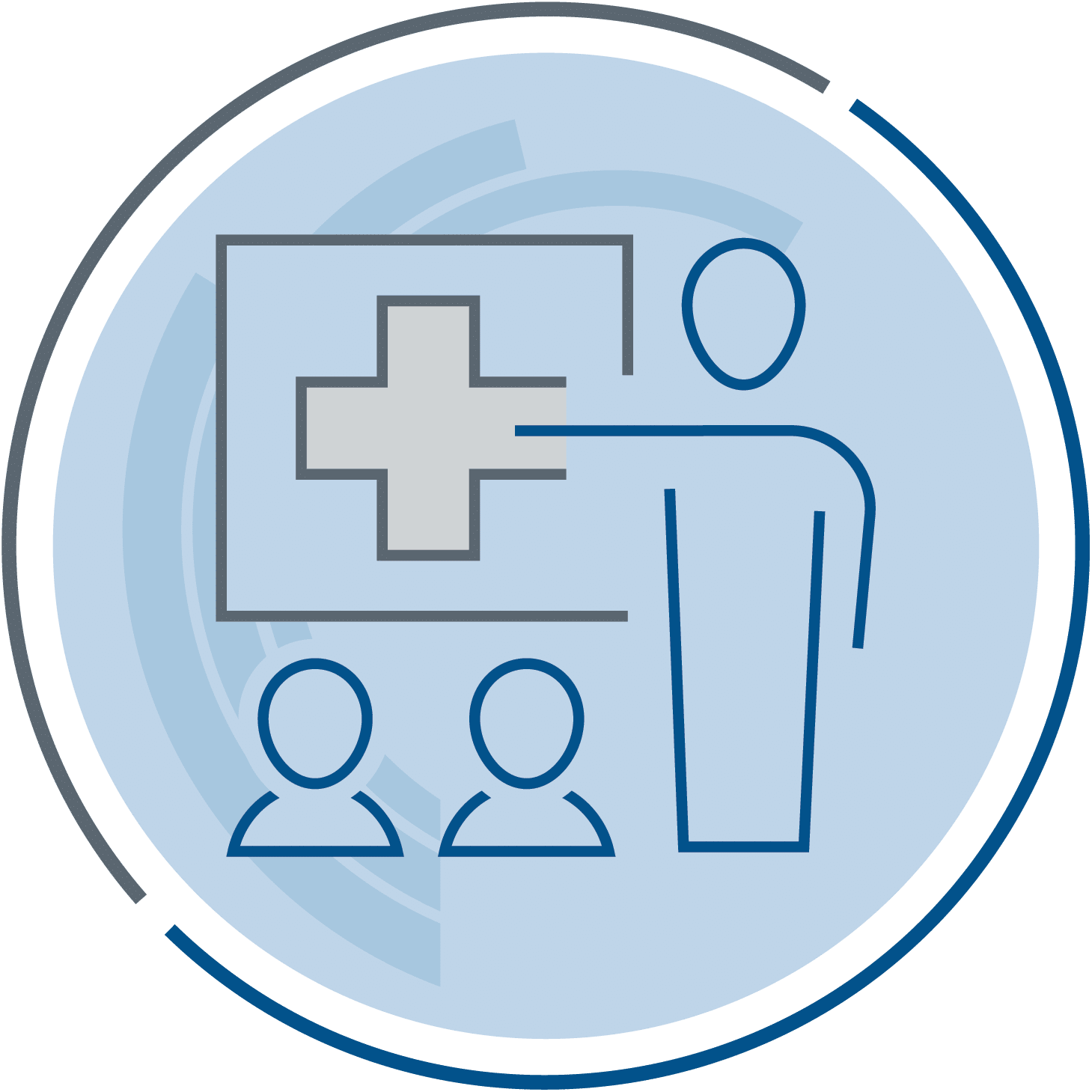 Medical education icon showing an instructor teaching two learners with a medical cross on a presentation screen.