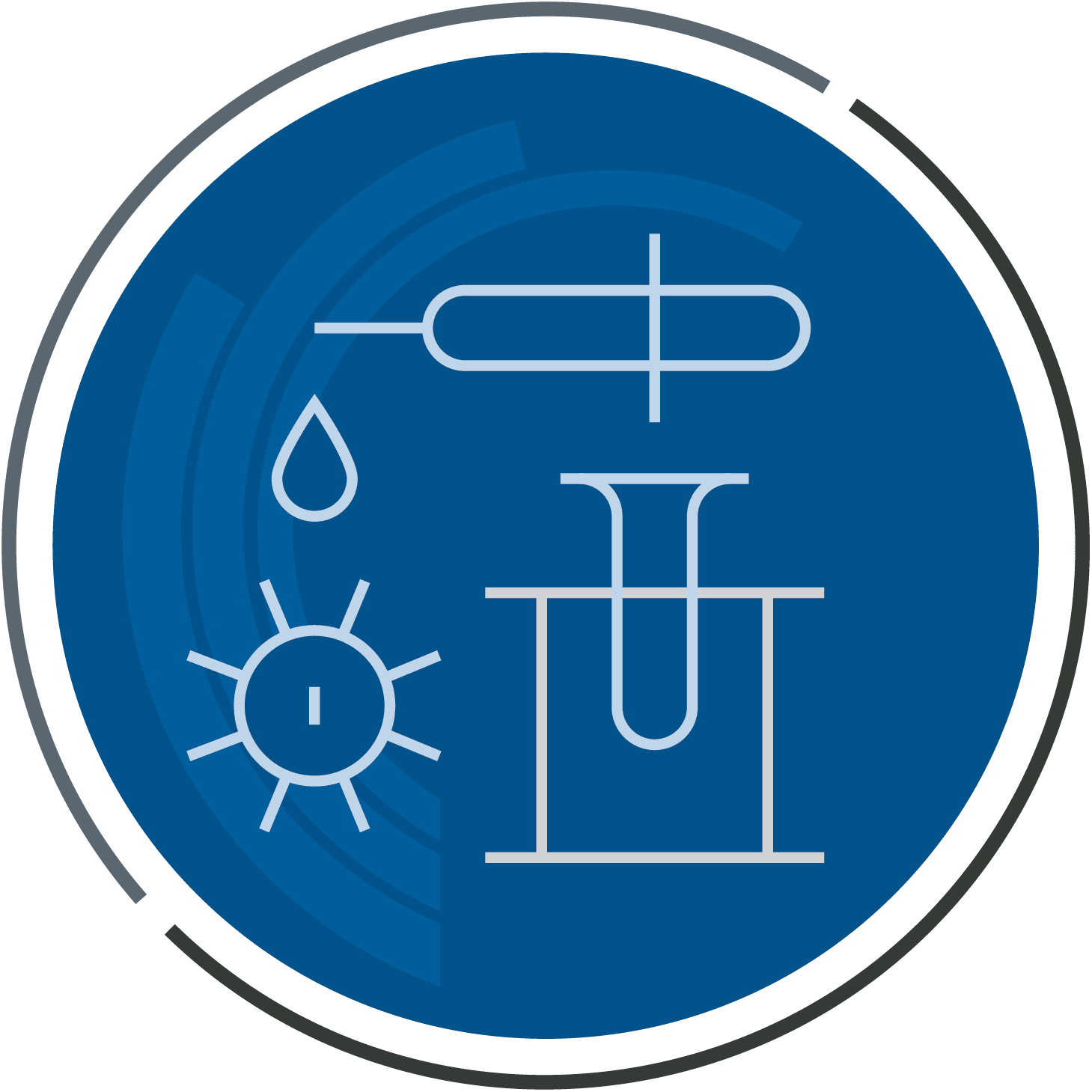 Interventional radiology icon showing syringe, test tube, and medical symbol representing image-guided procedures.