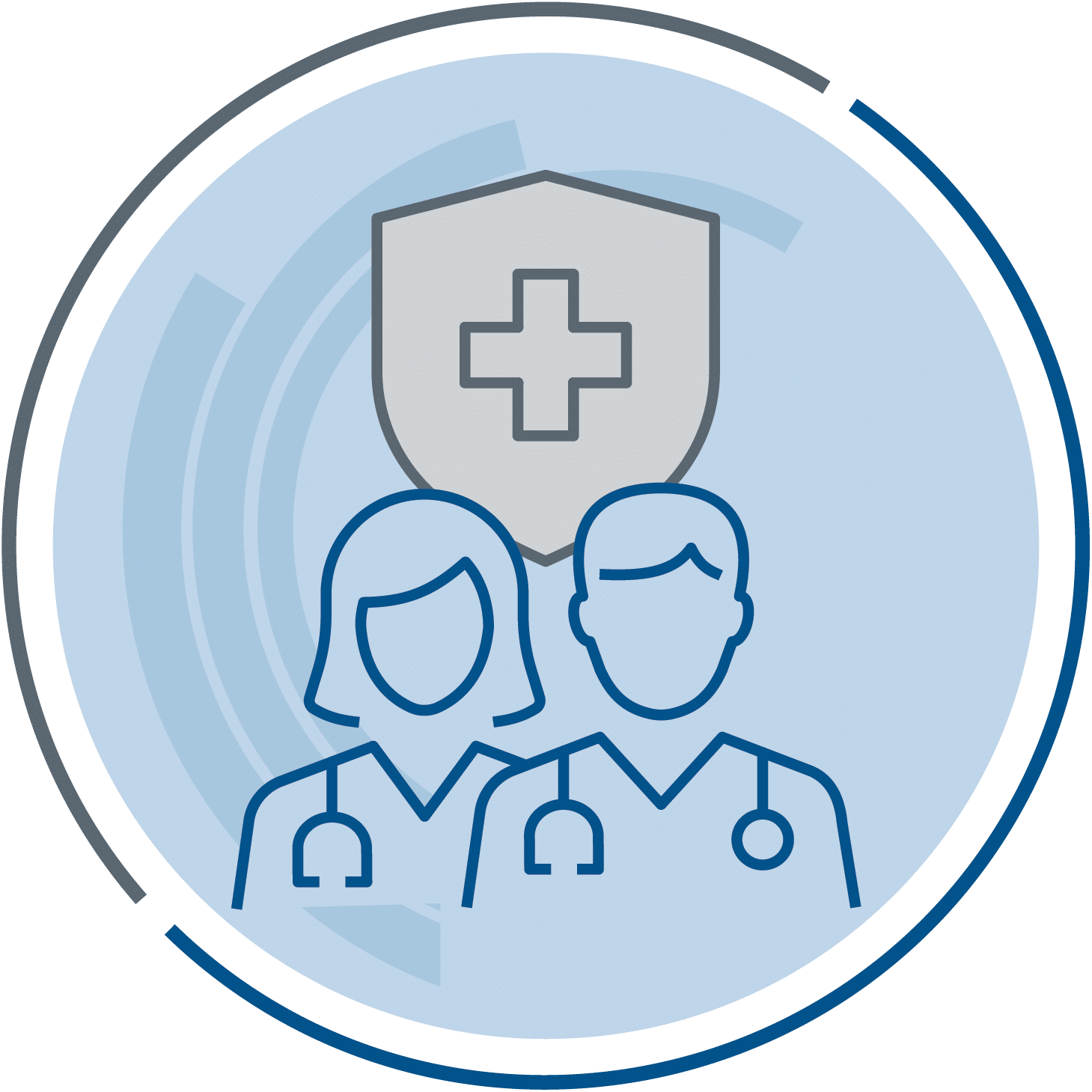 Icon showing two medical professionals with a shield and medical cross symbolizing trusted, experienced radiologists.