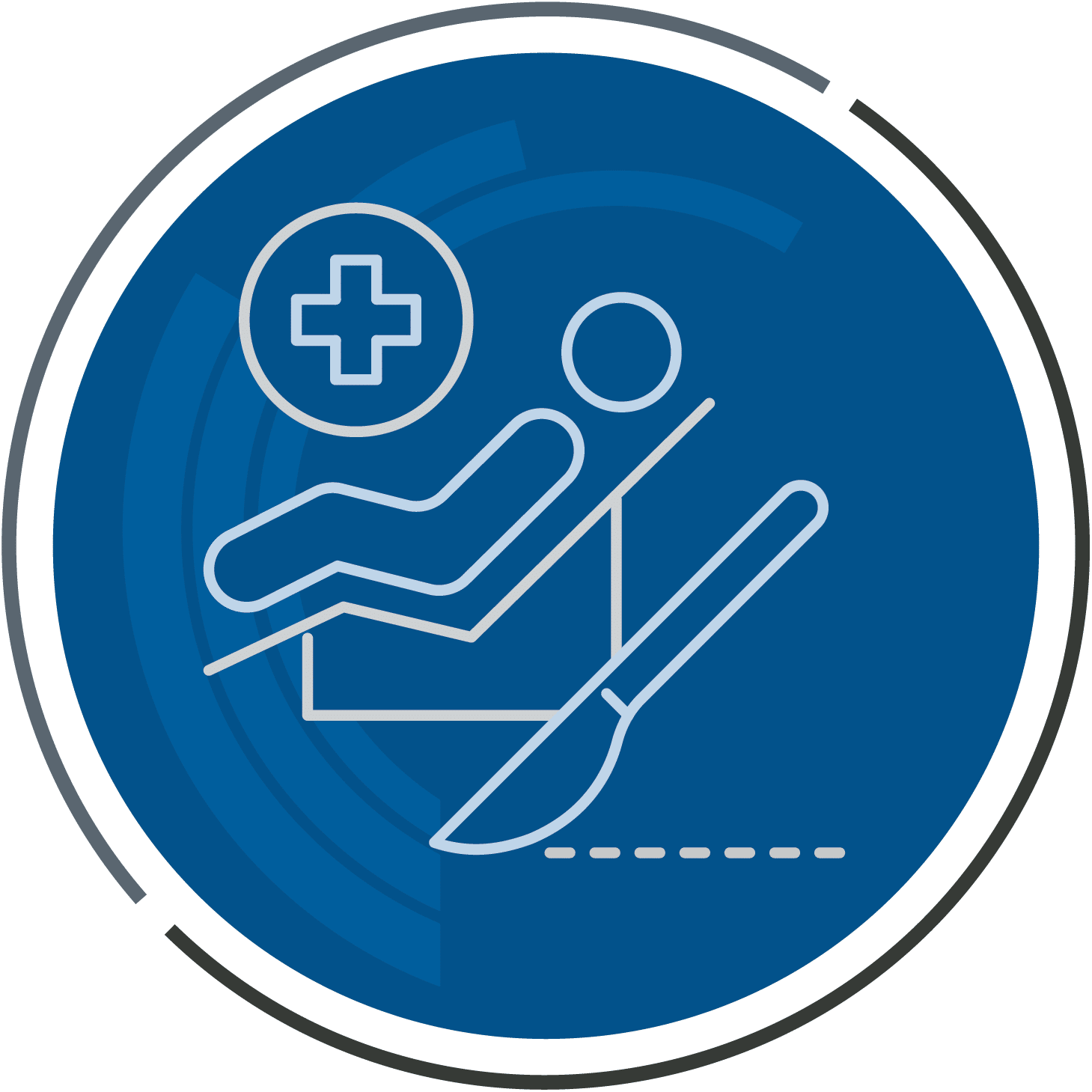 Minimally invasive procedures icon showing a patient on a treatment table with a medical cross and surgical instrument.