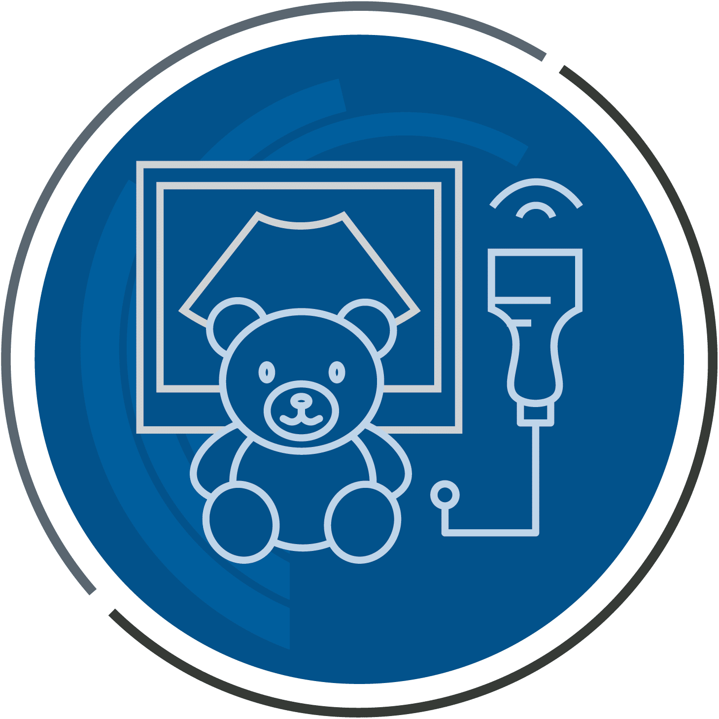 Icon of a teddy bear with an ultrasound screen and probe representing pediatric imaging services.