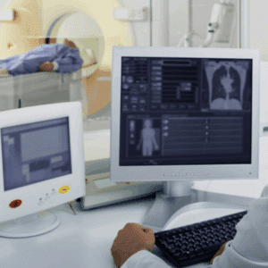 Medical professional watching imaging on a computer screen while patient is in mri, representing what to expect during medical imaging