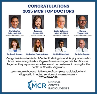 Graphic announcing medical center radiologists’ 2025 top doctors with headshots of eight physicians recognized by virginia business magazine.