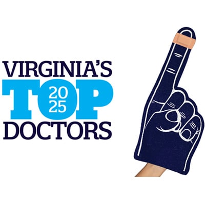 Graphic celebrating virginia’s 2025 top doctors with a foam finger illustration.