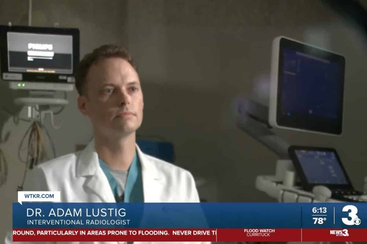 Dr. Adam lustig, interventional radiologist at medical center radiologists, featured on wtkr news 3 discussing advanced minimally invasive treatment options.