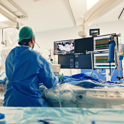 Surgeon in operating room with monitors, representing a minimally invasive non-surgical fibroid treatment