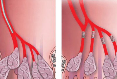 Illustration of hemorrhoidal artery embolization (hae), representing interventional radiology hemorrhoid treatment
