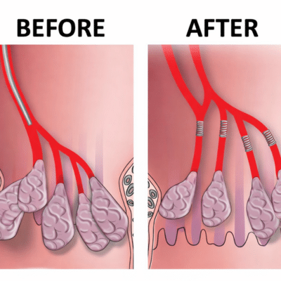 Illustration of hemorrhoidal artery embolization (hae), representing interventional radiology hemorrhoid treatment